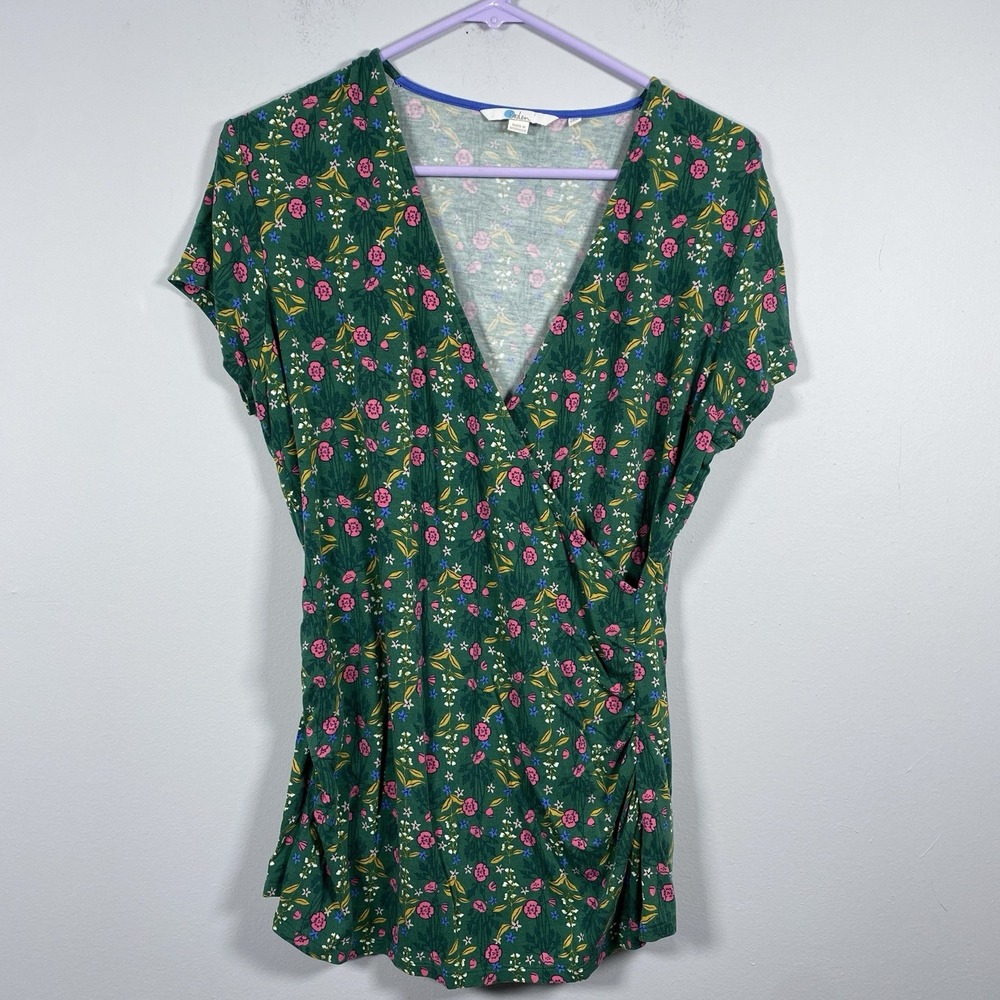 Boden Faux Wrap Top Women's US 12‎ Green Pink Floral Ruched V-Neck Short Sleeve